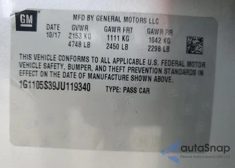2018 Chevrolet Impala Lt z USA, uszkodzony, nr VIN 1G1105S39JU119340